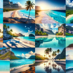 Collage of tropical beach paradise scenes.