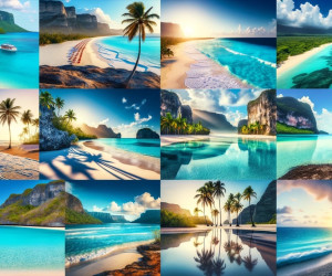 Collage of tropical beach paradise scenes.