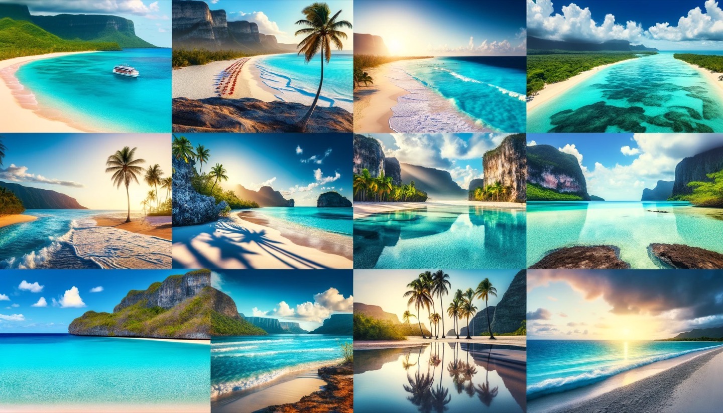 Collage of tropical beach paradise scenes.