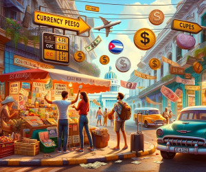 Bustling street market with floating currency symbols and vintage car.