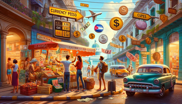 Bustling street market with floating currency symbols and vintage car.