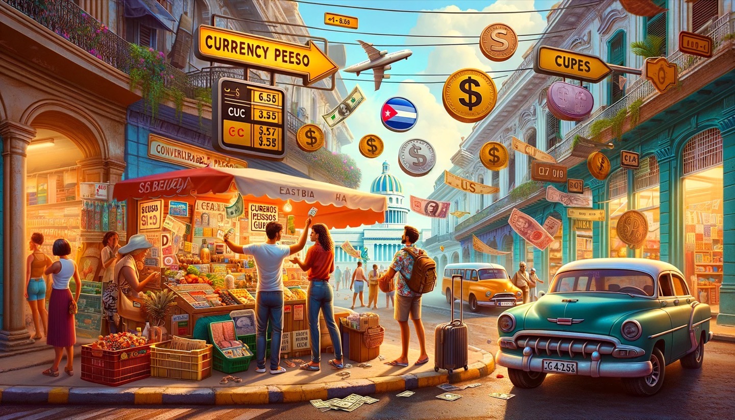 Bustling street market with floating currency symbols and vintage car.