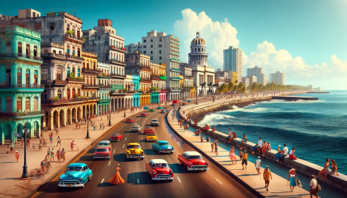 Vintage cars on sunny Havana coastal street.