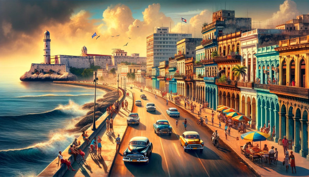 Voitures anciennes dans une rue animée de La Havane, au bord de l'océan.