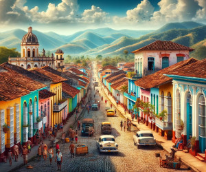 Colorful colonial town street with mountains in background.