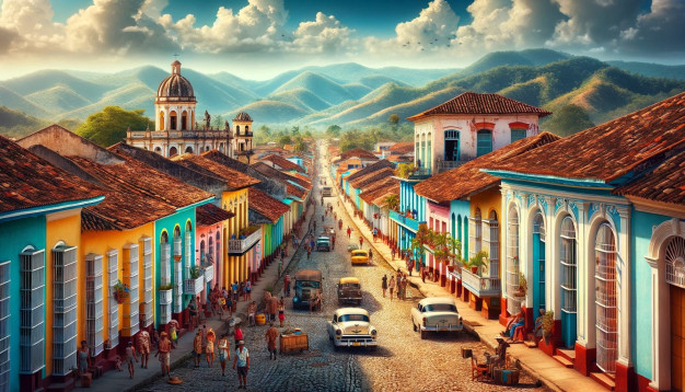 Colorful colonial town street with mountains in background.