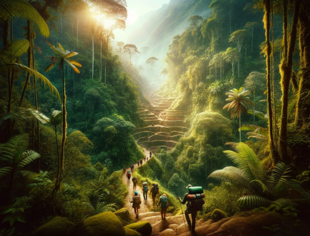 Hikers exploring misty tropical rainforest trail at sunrise