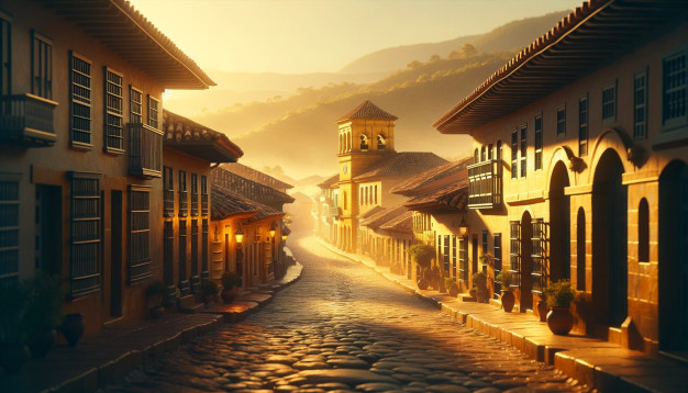 Sunlit cobblestone street in historic colonial town.