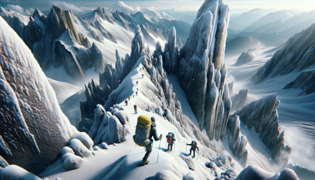 Climbers ascending snowy mountain ridge.