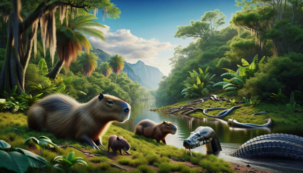 Enchanted jungle scenery with capybaras and a caiman.