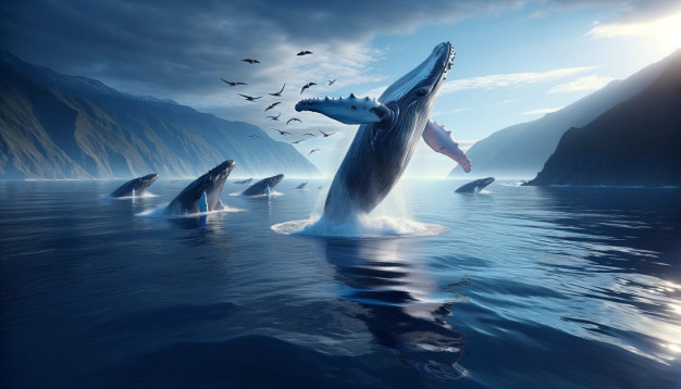 Humpback whales breaching in scenic ocean landscape