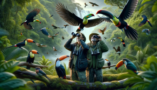 Birdwatchers in vibrant tropical rainforest with flying toucans.