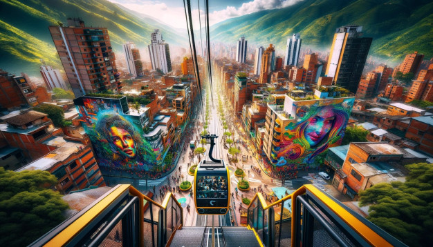 Colorful urban cable car above vibrant street art district.