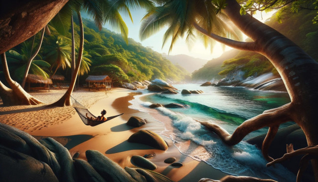 Plage tropicale paradisiaque au coucher du soleil avec un hamac.