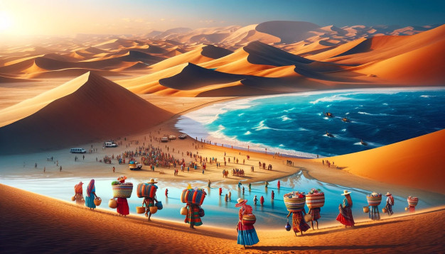 Surreal desert oasis with colorful sand, water, and people.