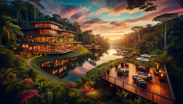 Luxury resort, tropical forest at sunset, waterfront view.