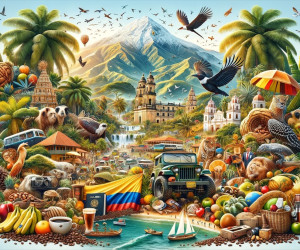 Vibrant illustration of Colombia's culture, wildlife, and landscapes.