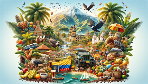 Vibrant illustration of Colombia's culture, wildlife, and landscapes.