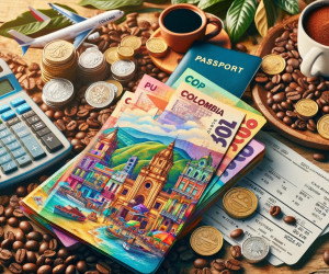 Travel budget concept with coffee, passport, and currency.