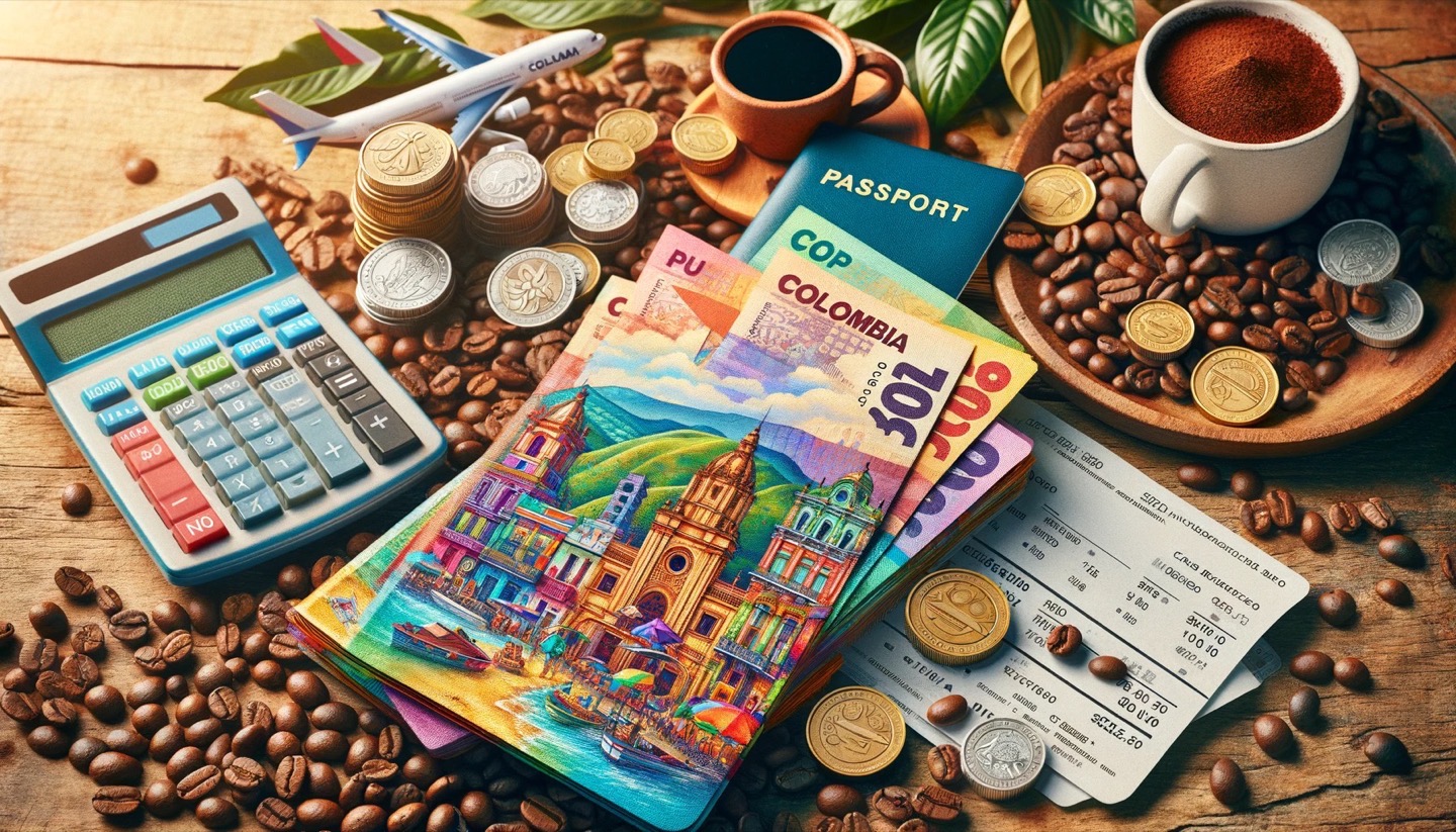 Travel budget concept with coffee, passport, and currency.