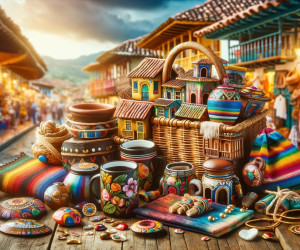 Colorful traditional handicrafts at vibrant market street.