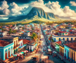 Colorful town with mountain backdrop in vibrant landscape.