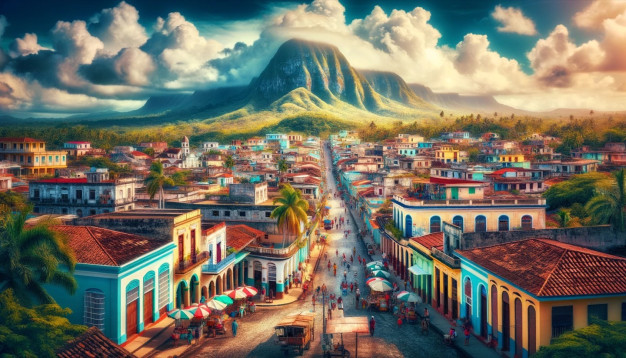 Colorful town with mountain backdrop in vibrant landscape.