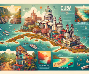 Illustrative travel poster of Cuba's landmarks and natural beauty.