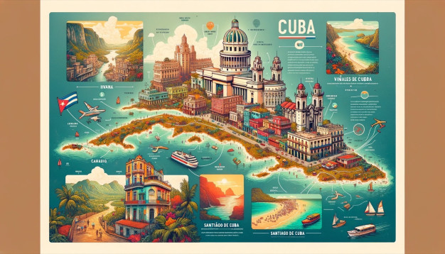 Illustrative travel poster of Cuba's landmarks and natural beauty.