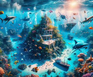 Vibrant underwater fantasy scene with marine life and ruins.