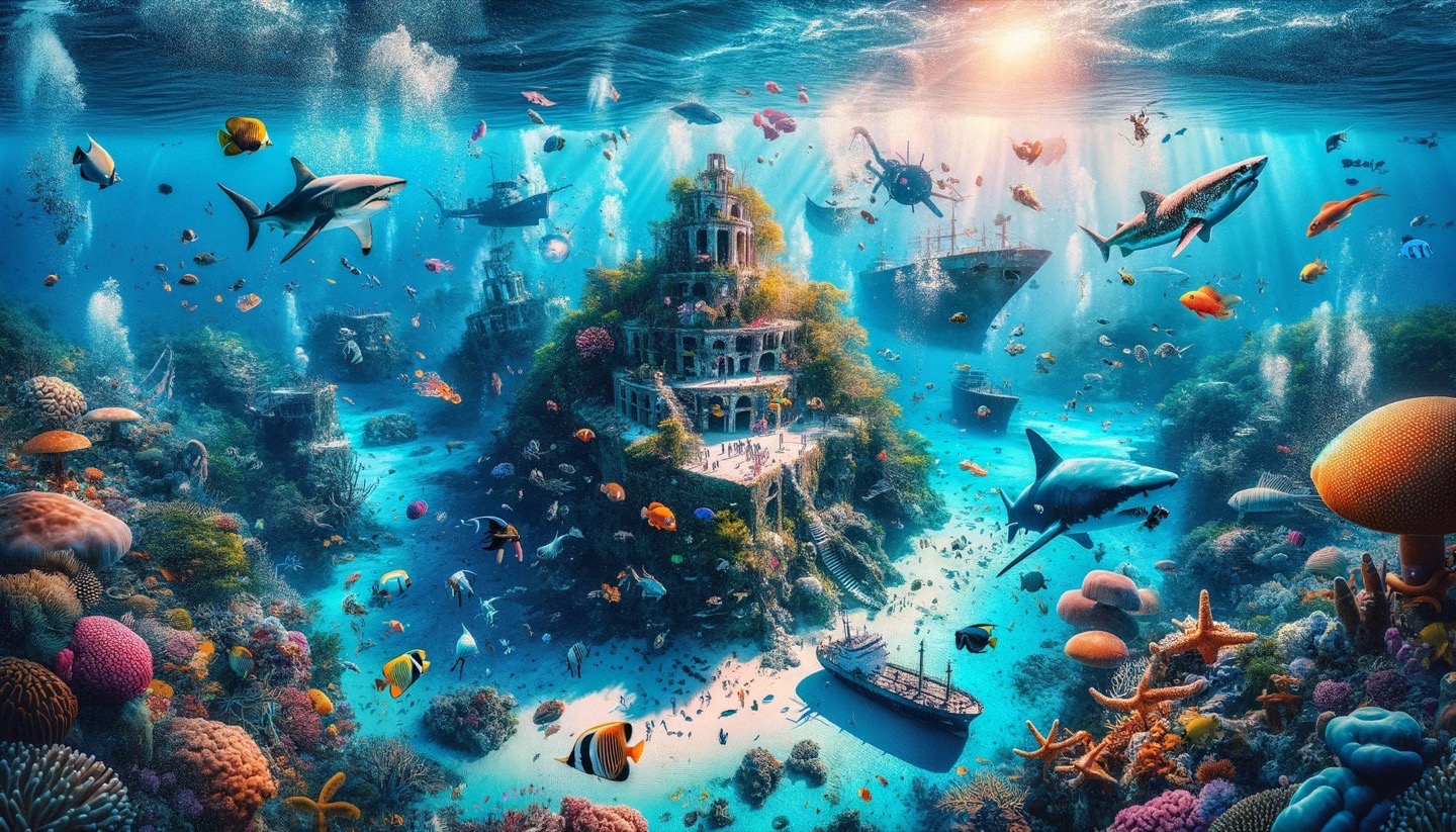Vibrant underwater fantasy scene with marine life and ruins.