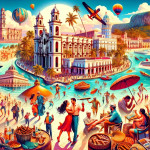 Vibrant beach scene with dancing, boats, and historic buildings.