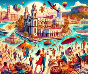 Vibrant beach scene with dancing, boats, and historic buildings.