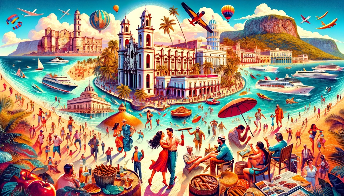 Vibrant beach scene with dancing, boats, and historic buildings.