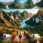 Scenic landscapes montage with mountains, rivers, and hiking trails.