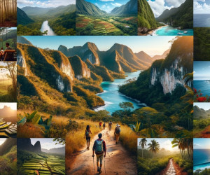 Scenic landscapes montage with mountains, rivers, and hiking trails.