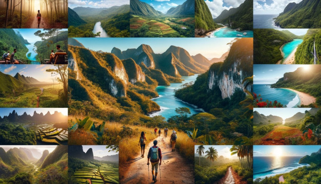 Scenic landscapes montage with mountains, rivers, and hiking trails.