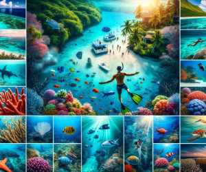 Tropical paradise island and underwater marine life collage.