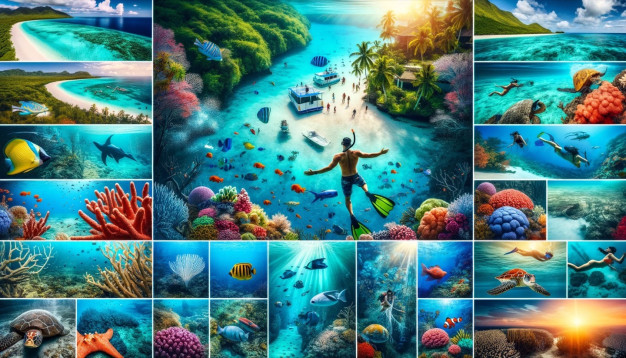 Tropical paradise island and underwater marine life collage.