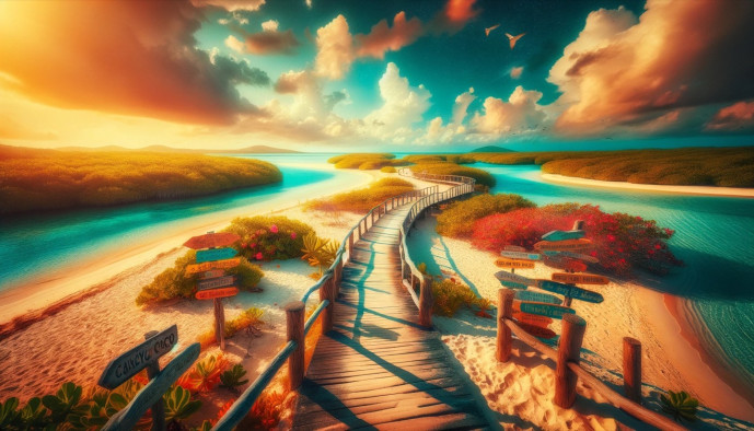 Scenic wooden boardwalk along a tropical beach at sunset.