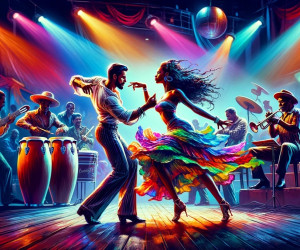 Vibrant salsa dance performance with live band.