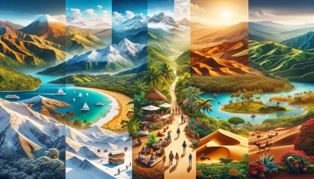 Collage of diverse landscapes and climates in one image.