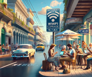 Outdoor cafe with people using Wi-Fi, vintage cars.