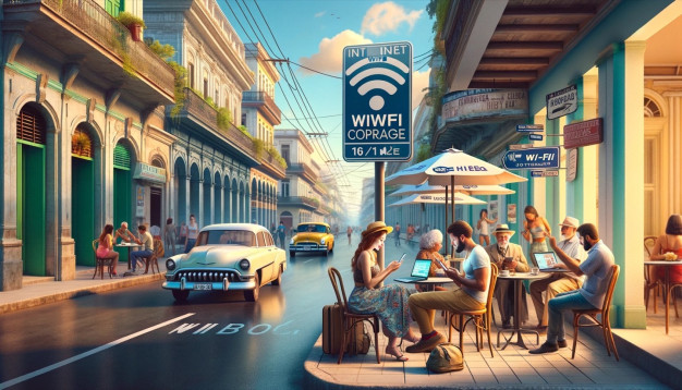 Outdoor cafe with people using Wi-Fi, vintage cars.