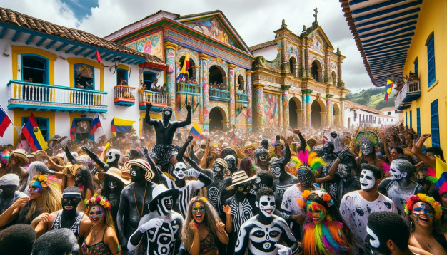 Fête de carnaval colorée avec des costumes dans une ville historique.