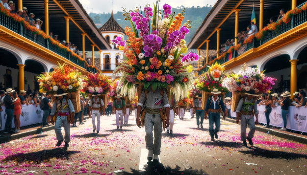 Traditional flower parade with vibrant blooms and spectators.