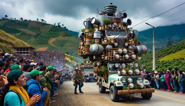 Défilé coloré avec des véhicules décorés et une foule en liesse.