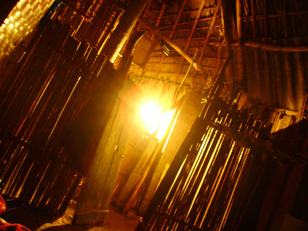 Lumière du soleil traversant une structure rustique en bambou.