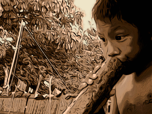 Enfant jouant de la flûte en plein air, effet de filtre artistique.