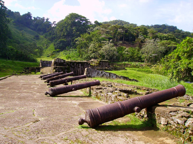 Anciens canons surplombant la forêt tropicale.